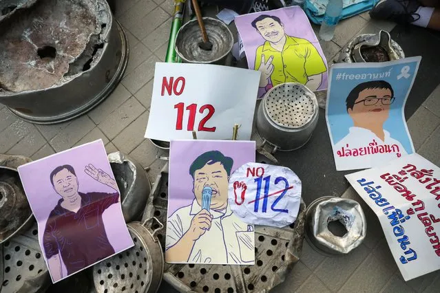 Posters of detained protest leaders are displayed at a rally at the Pathumwan Intersection on February 10, 2021 in Bangkok, Thailand. Protesters descended on the MBK centre, a major shopping mall in central Bangkok that is well known by both locals and tourists, to stage a “make noise” campaign. The events, which involve banging utensils and other objects, began to spread around the region after starting in Myanmar in the aftermath of a military junta coup that took place last week. (Photo by Lauren DeCicca/Getty Images)