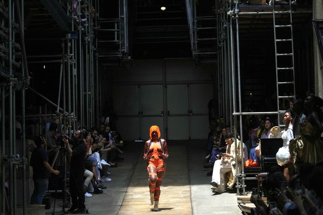 A model wears a creation from the As Marias collection at the Oficina Theater during Sao Paulo Fashion Week in Sao Paulo, Brazil, Friday, October 18, 2024. (Photo by Andre Penner/AP Photo)