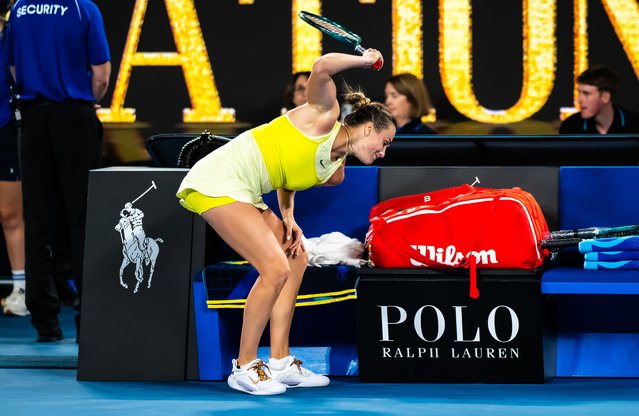 Aryna Sabalenka of Belarus destroys her racket after losing to Madison Keys of the United States in the womens final on Day 14 of the 2025 Australian Open at Melbourne Park on January 25, 2025 in Melbourne, Australia (Photo by Robert Prange/Getty Images)