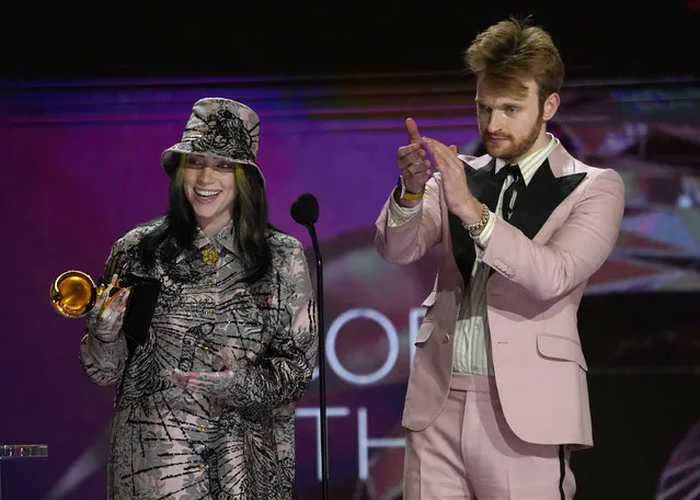 Billie Eilish, left, and Finneas accept the award for record of the year for “Everything I Wanted” at the 63rd annual Grammy Awards at the Los Angeles Convention Center on Sunday, March 14, 2021. (Photo by Chris Pizzello/AP Photo)