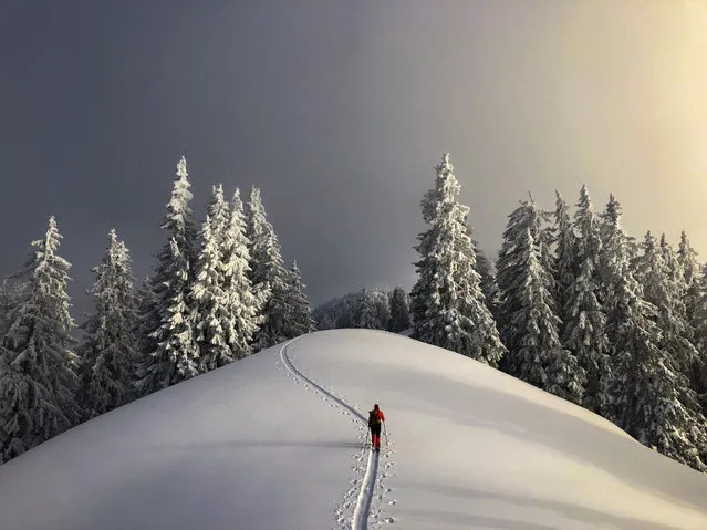 A woman is ski touring towards the Chimmispitz mountain in St. Margarethenberg, Switzerland, 18 March 2021 (issued 19 March 2021). (Photo by Gian Ehrenzeller/EPA/EFE)