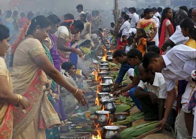 Devotees prepare ritual rice dishes to offer to the Hindu Sun God as they attend Pongal celebrations at a slum in Mumbai, India, January 15, 2016. (Photo by Danish Siddiqui/Reuters)