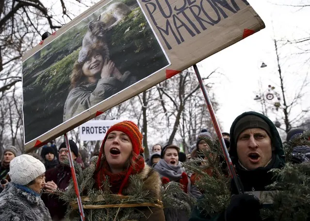 Environmental activists shout slogans during march in defence of Europe's last ancient forest, the Bialowieza Primeval Forest, in Warsaw, Poland January 17, 2016. (Photo by Kacper Pempel/Reuters)