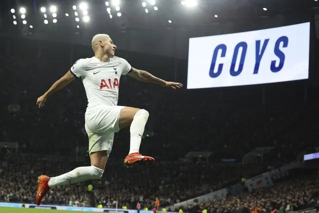 Tottenham's Richarlison celebrates after scoring his side's second goal during the English Premier League soccer match between Tottenham Hotspur and Newcastle United, at the Tottenham Hotspur Stadium, London, England, Sunday, December 10, 2023. (Photo by Ian Walton/AP Photo)