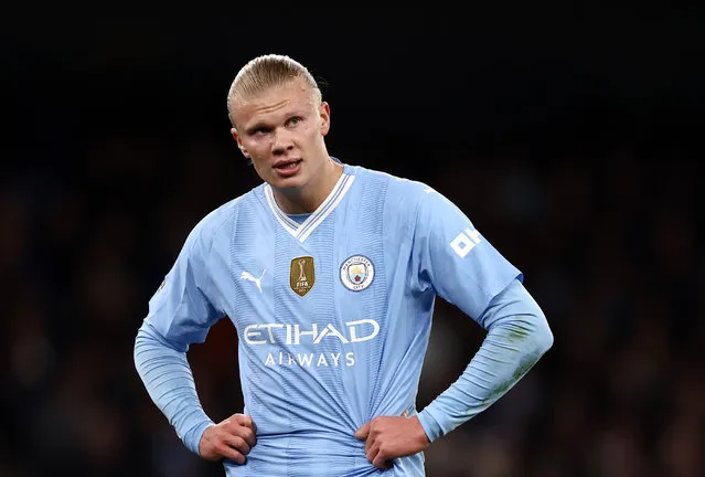 Erling Haaland of Manchester City looks on during the Premier League match between Manchester City and Burnley FC at Etihad Stadium on January 31, 2024 in Manchester, England. (Photo by Naomi Baker/Getty Images)