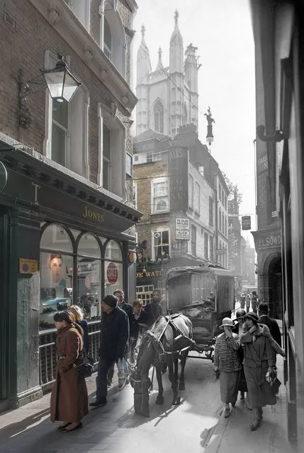 A view of Bow Lane, off Cheapside in the City of London in c.1930 and 2014. (Photo by Museum of London/Streetmuseum app)