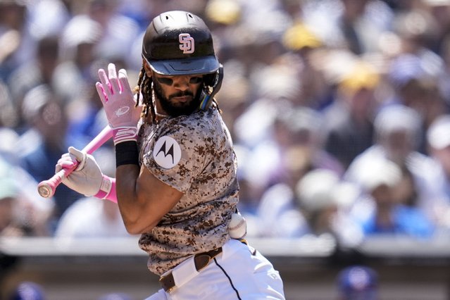 San Diego Padres' Fernando Tatis Jr. is hit by a pitch while batting during the fourth inning of a baseball game against the Los Angeles Dodgers, Sunday, May 12, 2024, in San Diego. (Phoot by Gregory Bull/AP Photo)