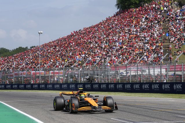 McLaren driver Lando Norris of Britain steers his car during the Italy's Emilia Romagna Formula One Grand Prix race at the Dino and Enzo Ferrari racetrack in Imola, Italy, Sunday, May 19, 2024. (Photo by Antonio Calanni/AP Photo)