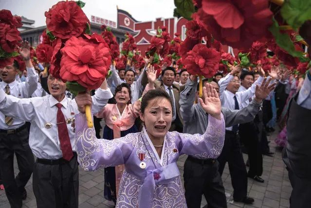 A participant cries as she takes part in a mass parade marking the end of the 7th Workers Party Congress in Kim Il-Sung square in Pyongyang on May 10, 2016. North Korea kicked off a massive parade in the centre of Pyongyang on May 10 to celebrate a just-concluded ruling party congress that was seen as a formal coronation for supreme leader Kim Jong-Un. (Photo by Ed Jones/AFP Photo)