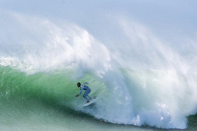 Caio Ibelli of Brazil in action during his opening round heat of the Meo Pro Portugal surfing event as part of the World Surf League (WSL) World Tour at Supertubos beach in Peniche, Portugal, 04 March 2022. (Photo by Jose Sena Goulao/EPA/EFE)