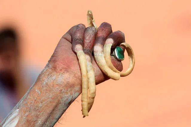 A hand of a Sadhu or a Hindu holy man is seen after taking a dip in the waters of Shipra river during the second “Shahi Snan” (grand bath) at Simhastha Kumbh Mela in Ujjain, India, May 9, 2016. (Photo by Jitendra Prakash/Reuters)