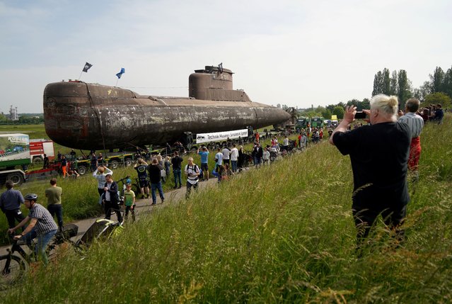 Decommissioned German submarine U17 makes its last metres of its journey to a museum in Speyer Germany on May 21, 2023. (Photo by Timm Reichert/Reuters)