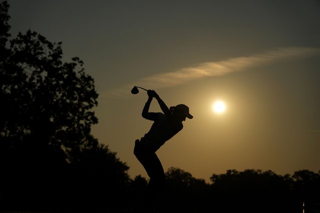 Europe's Carlota Ciganda hits from the third tee during a Solheim Cup golf tournament foursome match at Robert Trent Jones Golf Club, Saturday, September 14, 2024, in Gainesville, Va. (Photo by Matt York/AP Photo)