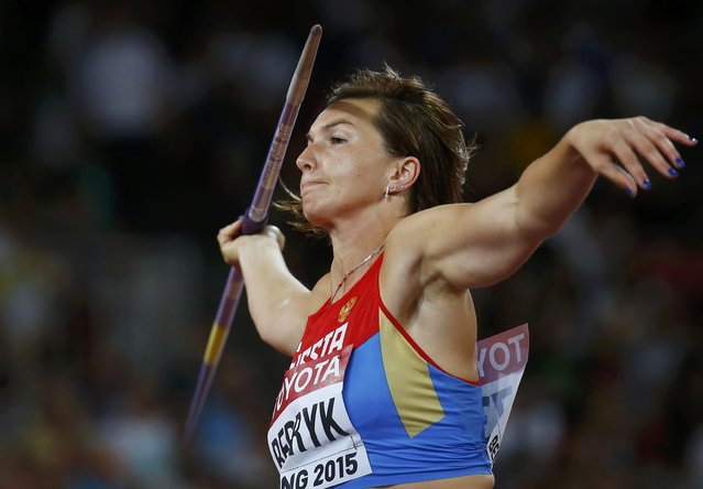 Vira Rebryk of Russia competes in the women's javelin throw qualifying round during the 15th IAAF World Championships at the National Stadium in Beijing, China, August 28, 2015. (Photo by Kai Pfaffenbach/Reuters)