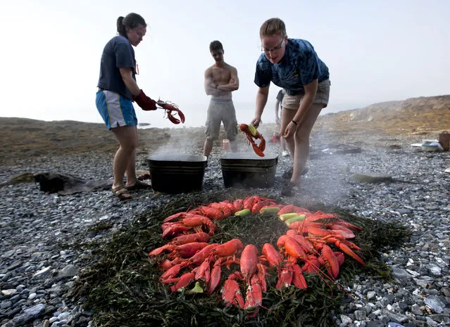 In this photo made Thursday, August 2, 2012, Maggy Mulhern, left, and Katharine Mead, prepare a lobster bake for dinner on the shore of a small island in Penobscot Bay, Maine. (Photo by Robert F. Bukaty/AP Photo)