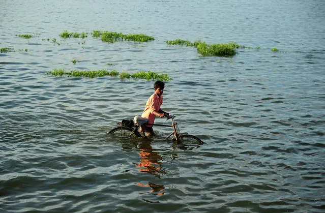 An Indian villager pushes a bicycle as he crosses a flooded road at Naraha on the outskirts of Allahabad on August 24, 2016. (Photo by Sanjay Kanojia/AFP Photo)