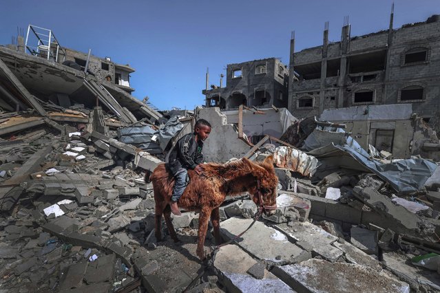 A Palestinian boy rides a donkey on the rubble of destroyed houses in the Rafah refugee camp in the southern Gaza Strip, on March 21, 2024, amid ongoing battles between Israel and the militant group Hamas. (Photo by Mohammed Abed/AFP Photo)
