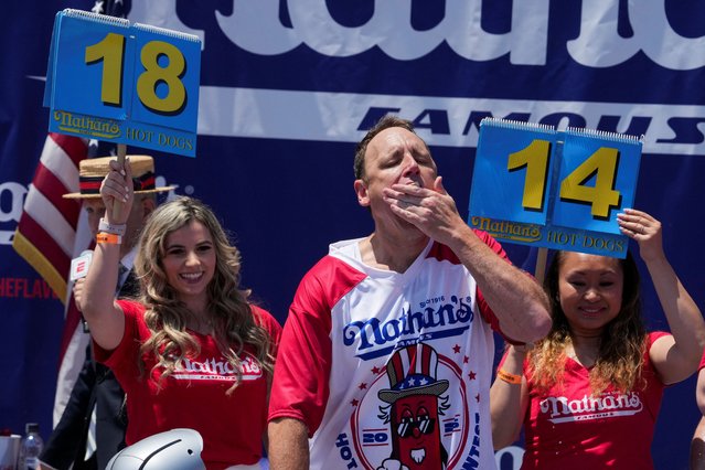 Joey Chestnut, a multi-time winner, competes during the 2025 Nathan's Famous International Hot Dog Eating Contest, at Coney Island, Brooklyn in New York City, U.S., July 4, 2025. (Photo by David 'Dee' Delgado/Reuters)