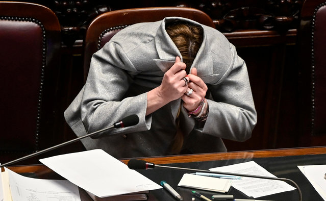 Italian Prime Minister Giorgia Meloni reacts during a session in the Chamber of Deputies, as she reports to the Lower House ahead of the European Council meeting, Rome, Italy, 20 March 2024. The European Council meeting takes place in Brussels on 21 and 22 March. (Photo by Riccardo Antimiani/EPA/EFE)