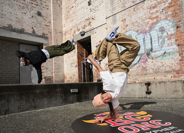 Magdalena Vasquez, also known as “Bgirl Mags” (R) and Chris Cielo, also known as “Bboy Cielo” (L) perform during a media call for the Red Bull BC One breakdancing competition at the Brisbane Powerhouse in Brisbane, Australia, 01 July 2025. The world's biggest one-on-one breakdancing competition, the Red Bull BC One have announced Brisbane as the host city for the 2025 Red Bull BC One Cypher Australia. (Photo by Darren England/EPA)