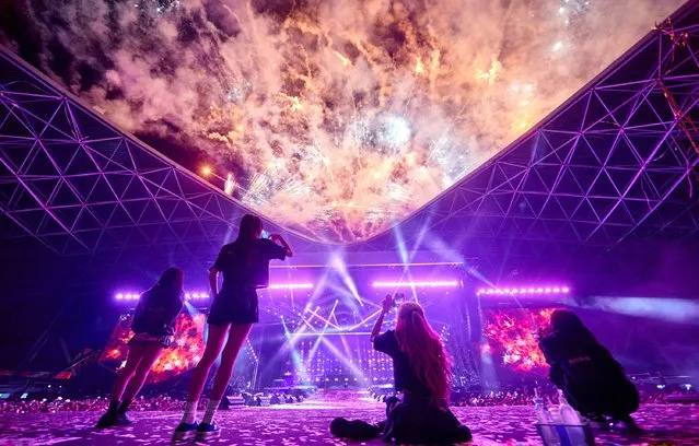The popular K-pop group Blackpink watch the fireworks at Etihad Park from the stage at the end of the show in Abu Dhabi on Saturday, February 4, 2023. (Photo by Live Nation Entertainment)