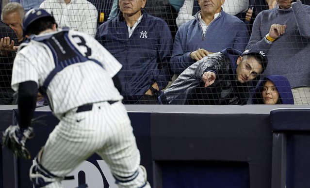 Actor Timothee Chalamet reacts along side girlfriend Kylie Jenner during the fourth inning against the Toronto Blue Jays verse New York Yankees Game four of the ALDS against the Toronto Blue Jays in the Bronx, New York, on October 08, 2025. (Photo by Jason Szenes/NY Post)