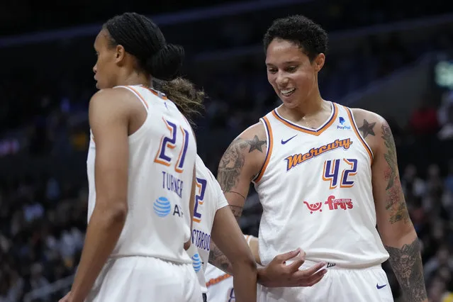 Phoenix Mercury center Brittney Griner (42) celebrates a foul with teammates during the first half of a WNBA basketball game against the Los Angeles Sparks in Los Angeles, Friday, May 19, 2023. (Photo by Ashley Landis/AP Photo)
