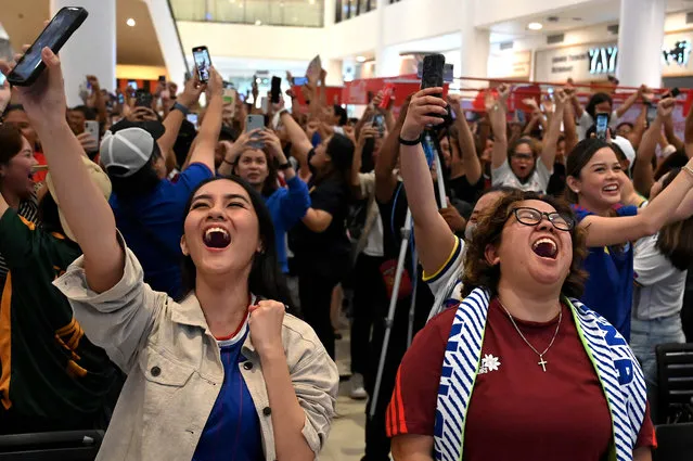 People react during a watch party at a mall in Quezon City, Metro Manila on July 25, 2023 for the Australia and New Zealand 2023 Women's World Cup Group A football match between the Philippines and New Zealand in Wellington. (Photo by Jam Sta Rosa/AFP Photo)