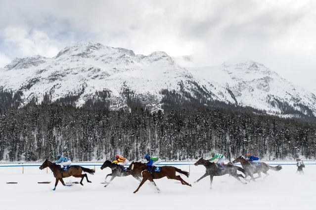 Fabian Xaver Weissmeier on Mateur, second from left, wins the  Prize Wroclaw Euroean Capital of Culture 2016  on the frozen Lake St. Moritz  on the second weekend of the White Turf races in St. Moritz, Switzerland, on Sunday, February 14, 2016. (Photo by Gian Ehrenzeller/Keystone via AP Photo)