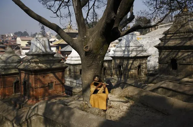 A Sadhu or Hindu holy man plays a flute as he sits under a tree at the premises of Pashupatinath Temple in Kathmandu December 12, 2013. (Photo by Navesh Chitrakar/Reuters)