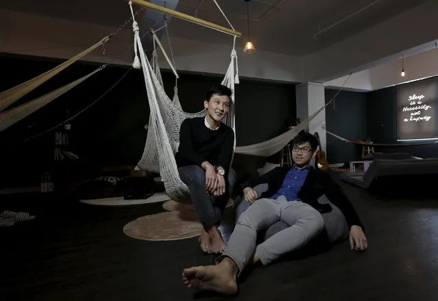 Founders Keevin Lee (L), 25, and Wong Chong-sum, 26, pose inside Chillazy at a warehouse district in Hong Kong, China February 25, 2016. One hour of service costs HK$58 ($7.4). Nap rooms have yet to prove themselves as a viable business model, but in a city that's permanently on the move, this is an industry that may yet spark a quiet revolution. (Photo by Bobby Yip/Reuters)