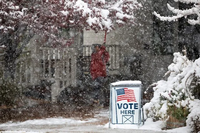 A Washoe County employee uses a shovel to knock snow off of trees outside of a vote center on November 8, 2022 in Reno, Nevada. After months of candidates campaigning, Americans are voting in the midterm elections to decide close races across the nation. (Photo by Trevor Bexon/Getty Images)