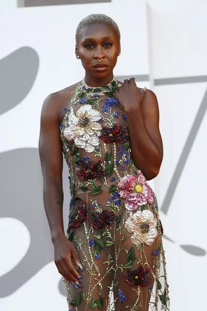 English actress Cynthia Erivo poses for photographers upon arrival at the closing ceremony of the 78th edition of the Venice Film Festival in Venice, Italy, Saturday, September 11, 2021. (Photo by Joel C. Ryan/Invision/AP Photo)