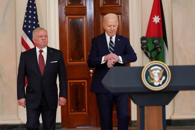 U.S. President Joe Biden and Jordan's King Abdullah attend a press conference to deliver remarks, following their meeting, at the White House in Washington on February 12, 2024. (Photo by Kevin Lamarque/Reuters)