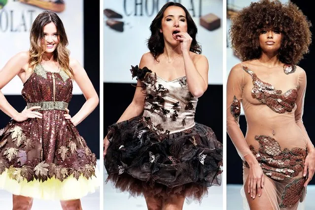 French celebrities show off dresses made with chocolate at the Paris chocolate fair on October 27, 2021 in Paris, France. From left: Gennifer Demey, a weather forecaster; Isabelle Vitari, an actress; and Alicia Aylies, Miss France 2017. (Photo by Laurent Viteur/Getty Images)