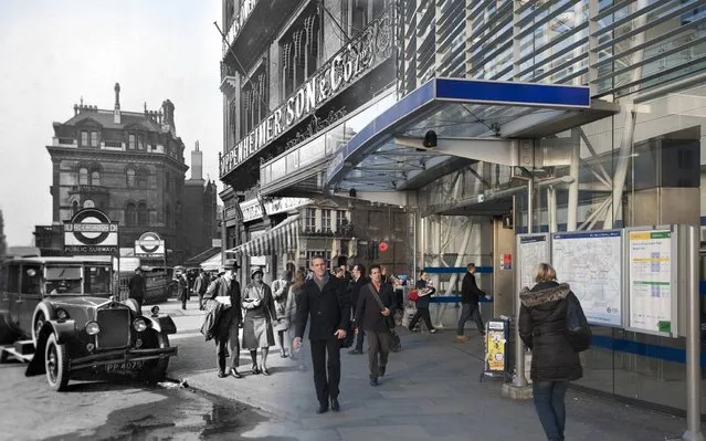 Blackfriars station entrance from outside 179 Queen Victoria Street in c.1930 and 2014. (Photo by Museum of London/Streetmuseum app)