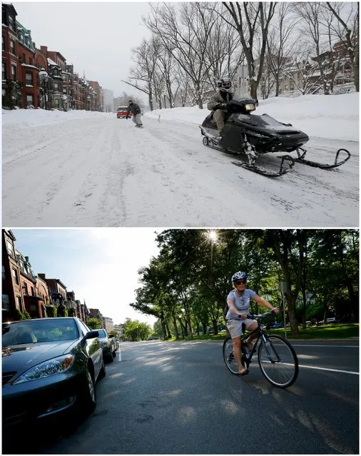 A combination picture shows a snowmobile pulling a man on a snowboard on Commonwealth Avenue in Boston, Massachusetts, United States following a winter storm February 15, 2015 (top), and a cyclist riding down the same street June 13, 2015. (Photo by Brian Snyder/Reuters)