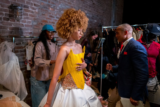 A model prepares backstage at the Give Her a Crown show during New York fashion week in New York, US on September 11, 2024. (Photo by John Ricard/Soul B Photos/Rex Features/Shutterstock)