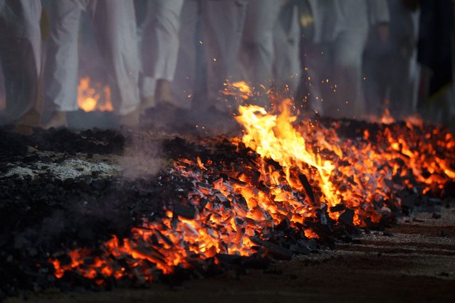 Malaysian Chinese devotees walk barefoot over burning coals during the Nine Emperor Gods festival at a temple in Kuala Lumpur, Malaysia, Friday, October 11, 2024. (Photo by Vincent Thian/AP Photo)