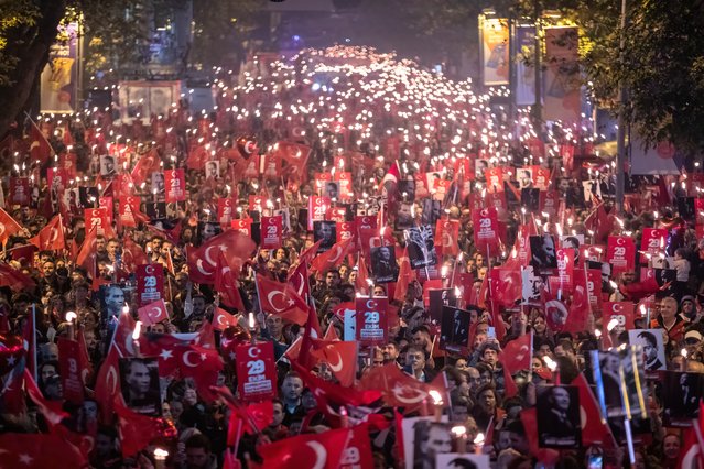 Turks gather on October 29, 2024 to celebrate Republic Day in Istanbul – the national holiday marks the 101st anniversary of Turkey becoming independent from the Ottoman Empire. (Photo by Onur Dogman/SOPA Press/Rex Features/Shutterstock)
