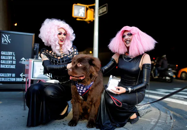 Fashion week attendees pet a dog outside a venue where New York Fashion Week shows are held in the Manhattan borough of New York City, U.S., September 10, 2017. (Photo by Joe Penney/Reuters)