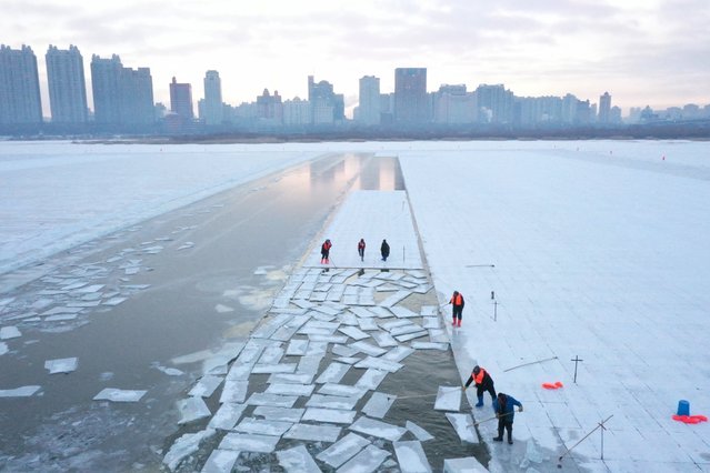 This aerial picture shows workers harvesting ice from the frozen Songhua river in preparation for the annual Harbin Ice and Snow World festival in Harbin, China's northeast Heilongjiang province on December 17, 2024. (Photo by Adek Berry/AFP Photo)