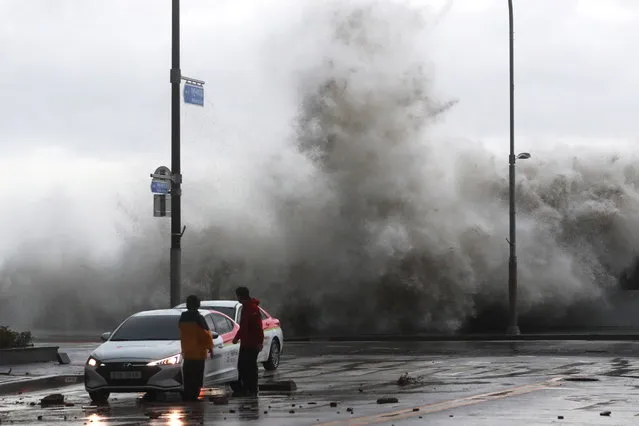 Waves pound the coast after Typhoon Hinnamnor made landfall on the southern coast of South Korea, in Busan, South Korea, 06 September 2022. (Photo by Yonhap/EPA/EFE)