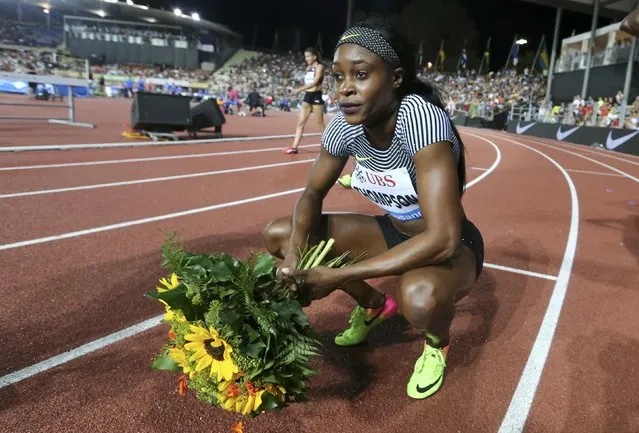 Athletics, IAAF Athletics Diamond League meeting Lausanne, Stade Olympique de la Pontaise, Lausanne, Switzerland on August 25, 2016. Elaine Thompson of Jamaica reacts following the women's 100m competition. (Photo by Denis Balibouse/Reuters)