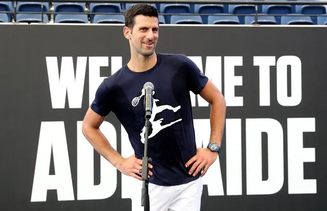 Novak Djokovic talks to the media after a practice session ahead of the 2023 Adelaide International at Memorial Drive on December 29, 2022 in Adelaide, Australia. (Photo by Sarah Reed/Getty Images)