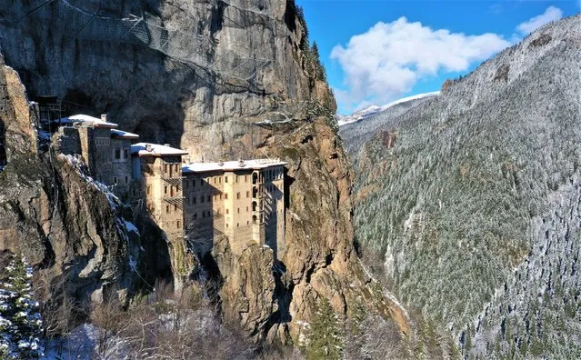 An aerial view of the Sumela Monastery, a historical Greek-Orthodox monastery carved into the Pontic Mountains in the Roman Imperial Period, during winter season in Trabzon, Turkiye on January 10, 2023. (Photo by Hakan Burak Altunoz/Anadolu Agency via Getty Images)