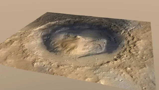 Gale Crater on the planet Mars, is shown in this artist's depiction provided by NASA December 8, 2014.  Billions of years ago, a lake once filled the 96-mile (154-km) wide crater being explored by NASA's Mars rover Curiosity, bolstering evidence that the planet most like Earth in the solar system was suitable for microbial life, scientists said on Monday. (Photo by Reuters/NASA)
