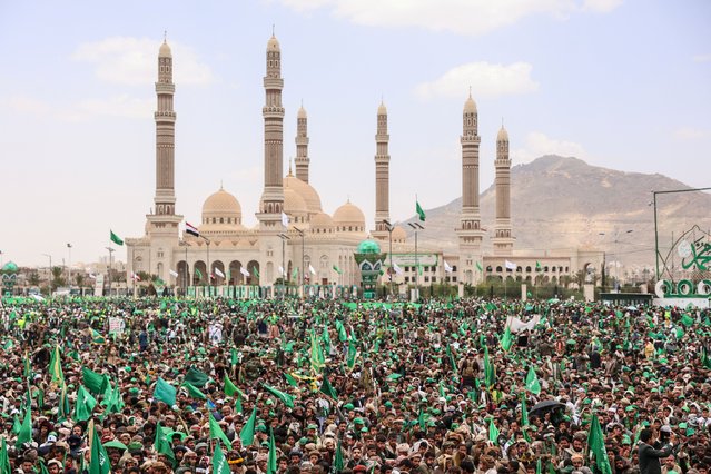 People, mainly Houthi supporters, gather to mark the Prophet Muhammad's birthday, at Sabeen Square in central Sanaa, Yemen on September 4, 2025. (Photo by Khaled Abdullah/Reuters)