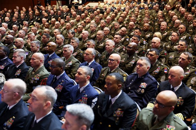 Members of the military attend a meeting convened by U.S. Defense Secretary Pete Hegseth, at Marine Corps Base Quantico, in Quantico, Virginia on September 30, 2025. (Photo by Kevin Lamarque/Reuters)