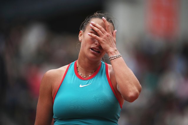 Aryna Sabalenka of Belarus reacts as she plays against Coco Gauff of the U.S. during their final match of the French Tennis Open at the Roland-Garros stadium in Paris, Saturday, June 7, 2025. (Photo by Christophe Ena/AP Photo)